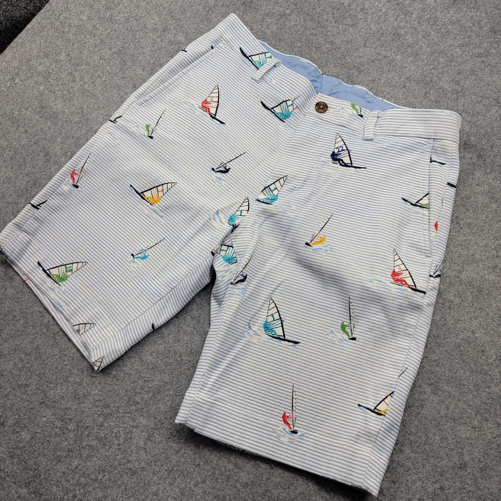 Brooks Brothers Mens 32 Sailboat Print Bermuda Shorts Blue White Cotton Nautical